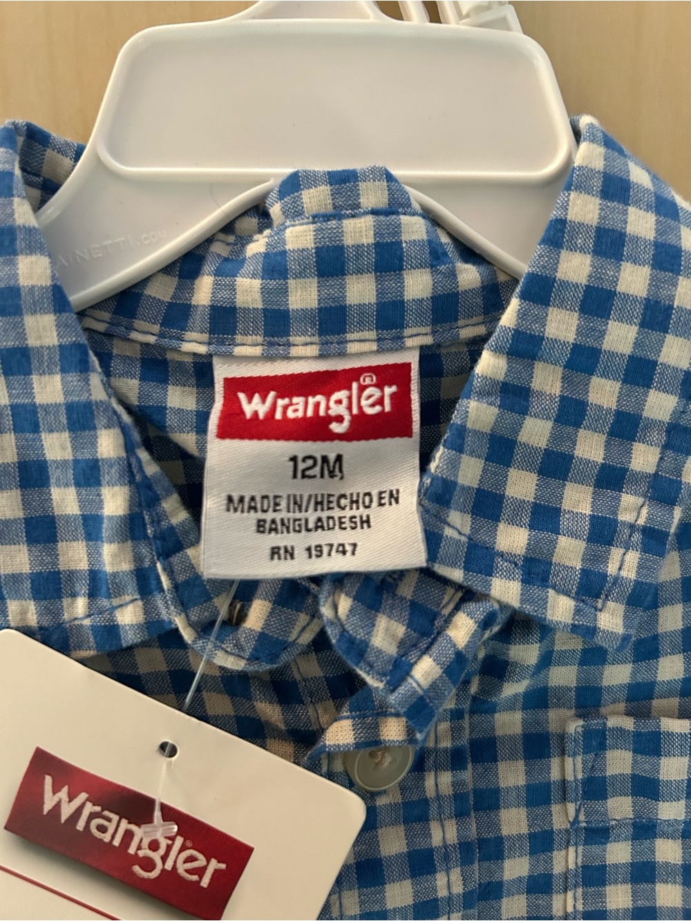 Wrangler NWT Baby Boy 12M Blue Gingham Button Up & Khaki Shorts Set - Picture 3 of 4